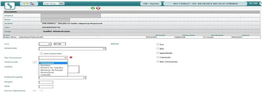 Tela de agenda com a lista de tipos de compromisso aberta