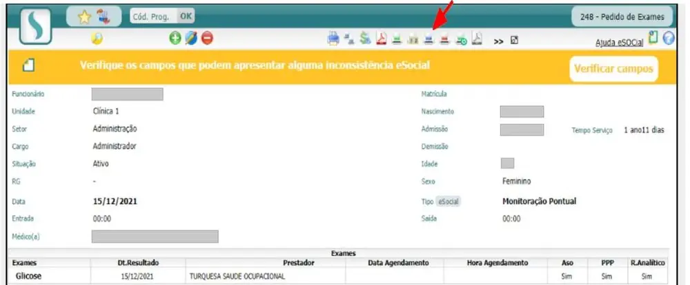 Barra de ícones com a seta no ícone Imprime Pedido de Exames