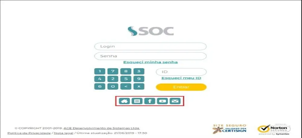 Tela de login do SOC com campos de login, senha, teclado numérico e ID