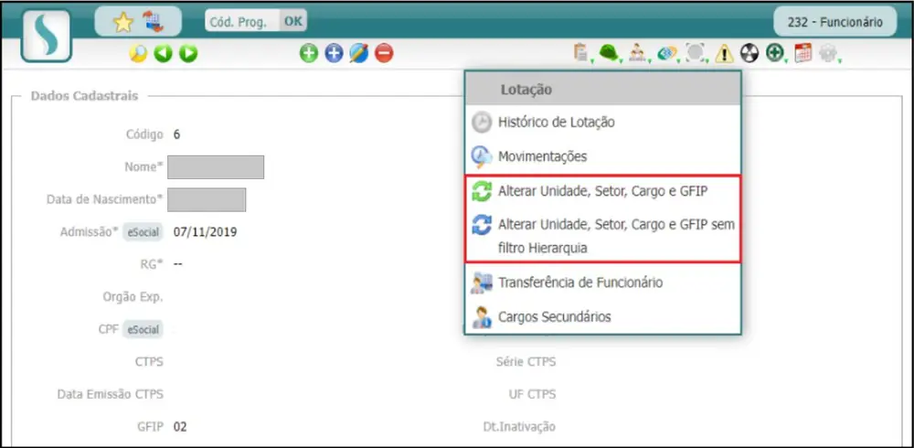 Menu Lotação aberto com a opção Alterar Unidade, Setor, Cargo e GFIP destacada