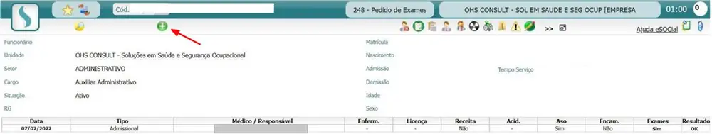Tela Pedido de Exames com a seta indicando o botão Incluir