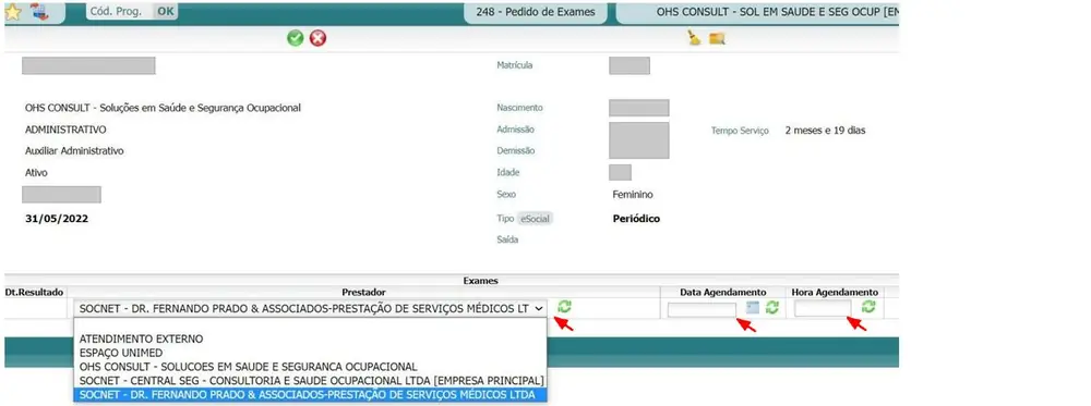 Tela de encaminhamento com lista de prestadores, data e hora do agendamento
