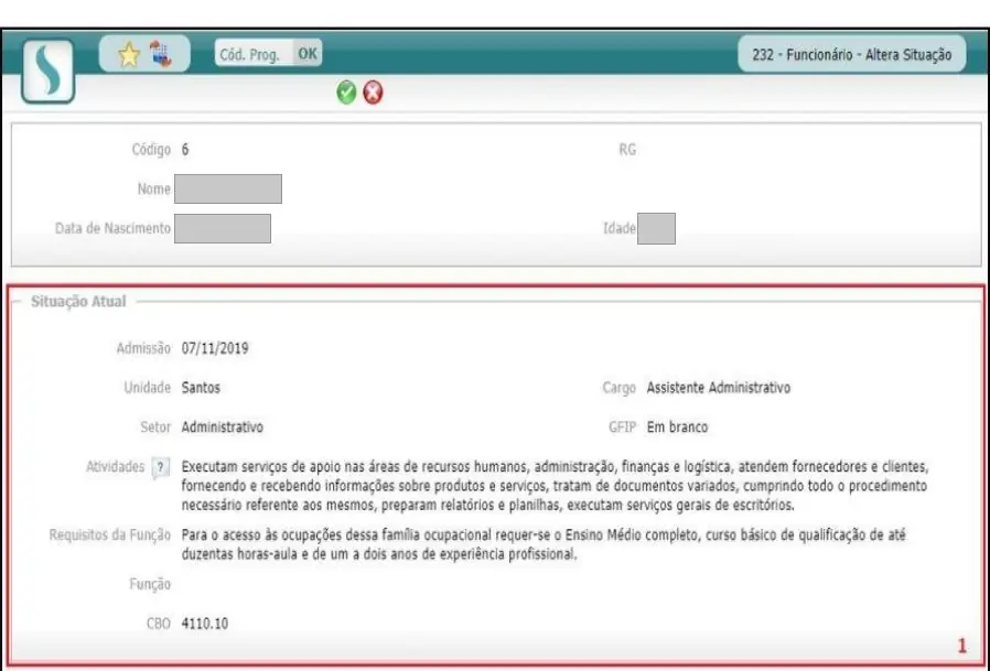 Tela Altera Situação mostrando a situação atual do funcionário
