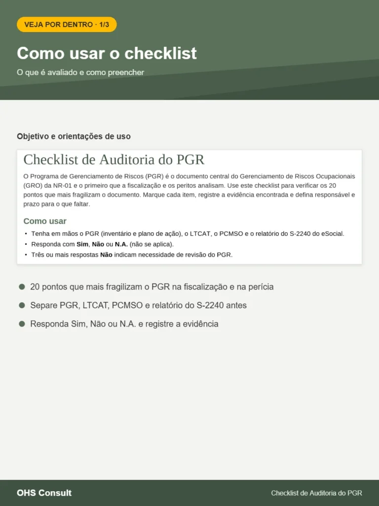 Página de orientações do Checklist de Auditoria do PGR com objetivo e instruções de preenchimento