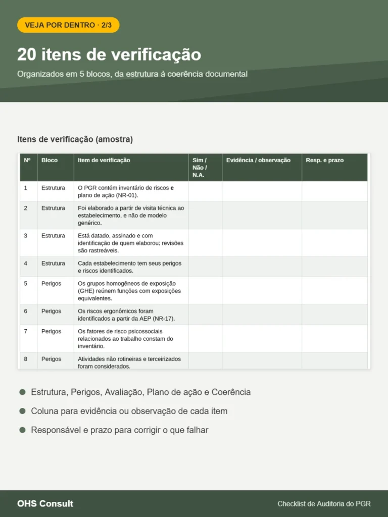 Amostra dos itens de verificação do Checklist de Auditoria do PGR com blocos Estrutura e Perigos